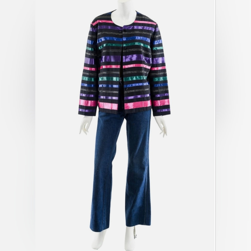 🥰TALBOTS 4  BLAZER DRESSY JACKET BLACK RAINBOW SATIN RIBBON STRIPE GOLD THREAD